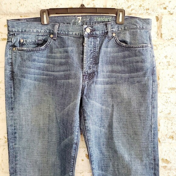 7 For All Mankind Standard Mens 38 Jeans ButtonFly Blue Wash Distressed Denim - Picture 3 of 11
